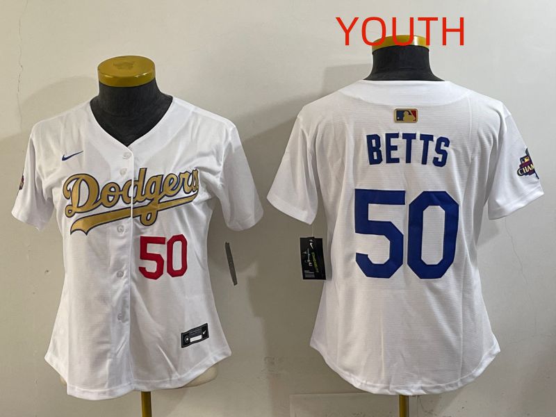 Youth Los Angeles Dodgers #50 Betts White Champion edition Nike MLB Jersey style 003->youth mlb jersey->Youth Jersey